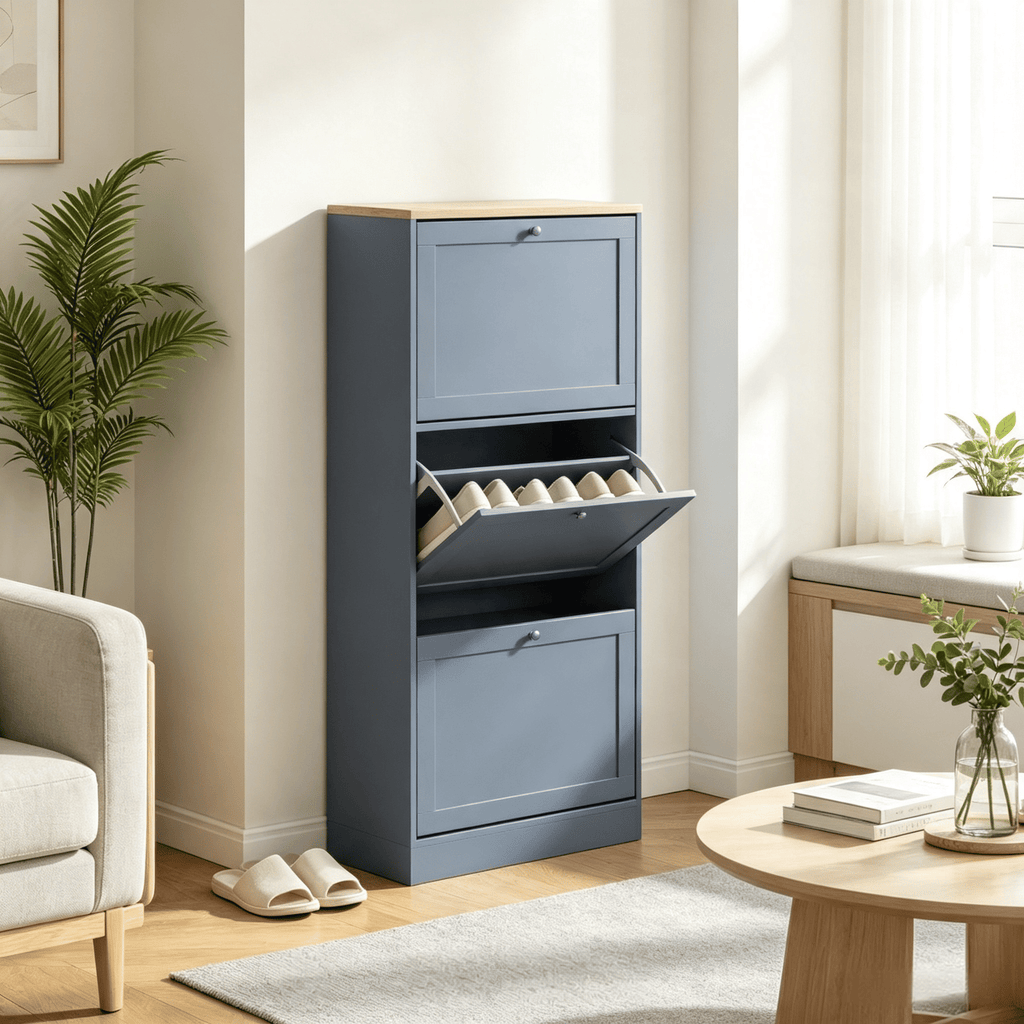 Blue Modern Shoe Storage Cabinet 3 Flip Top Drawers Adjustable Shelves for 12-18 Pairs of Shoes Home Organization