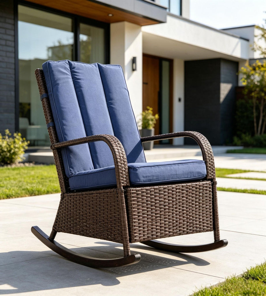 Blue Outdoor Rattan Wicker Rocking Chair Patio Recliner with Soft Cushion Adjustable Footrest up to 135 Degree Backrest