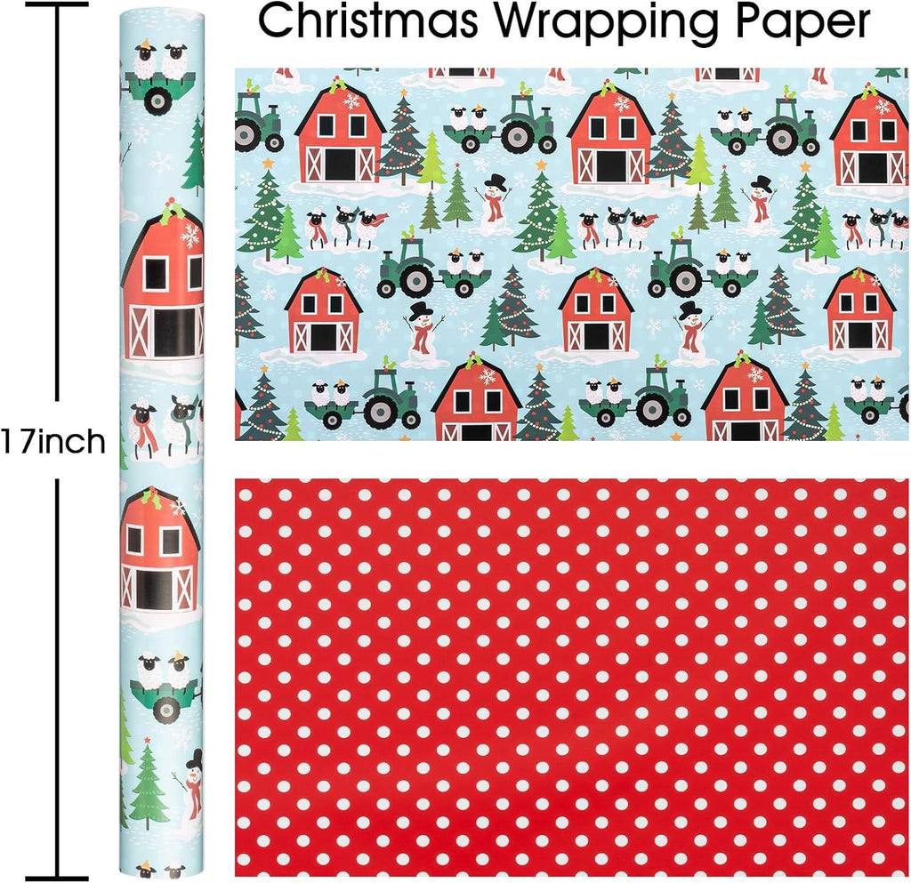 Blue Reversible Christmas Wrapping Paper Roll - Cute Sheep, Snowman, Christmas Tree & Red Snowflake, Farm Theme Gift Wrap for Christmas, New Year Celebration - Mini Roll - 17 Inch x 33 Feet