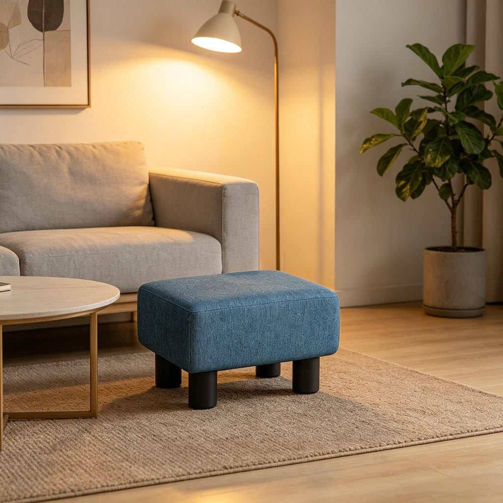 Blue Small Ottoman Foot Rest with Linen Fabric Upholstery And Plastic Legs Cube Living Room Foot Stool