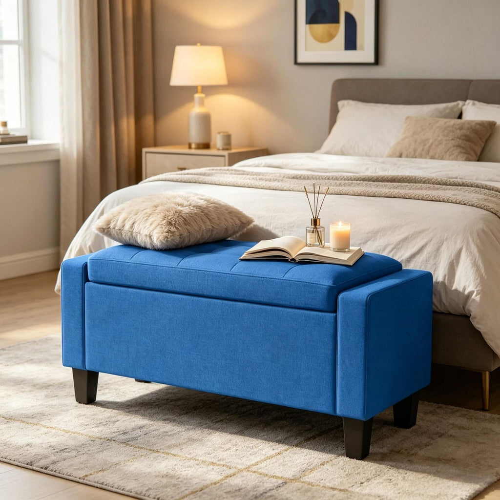 Blue Storage Ottoman with Wooden Legs Tufted Armrests for Entryway Living Room Bedroom 36.6 Inch Size Storage Bench