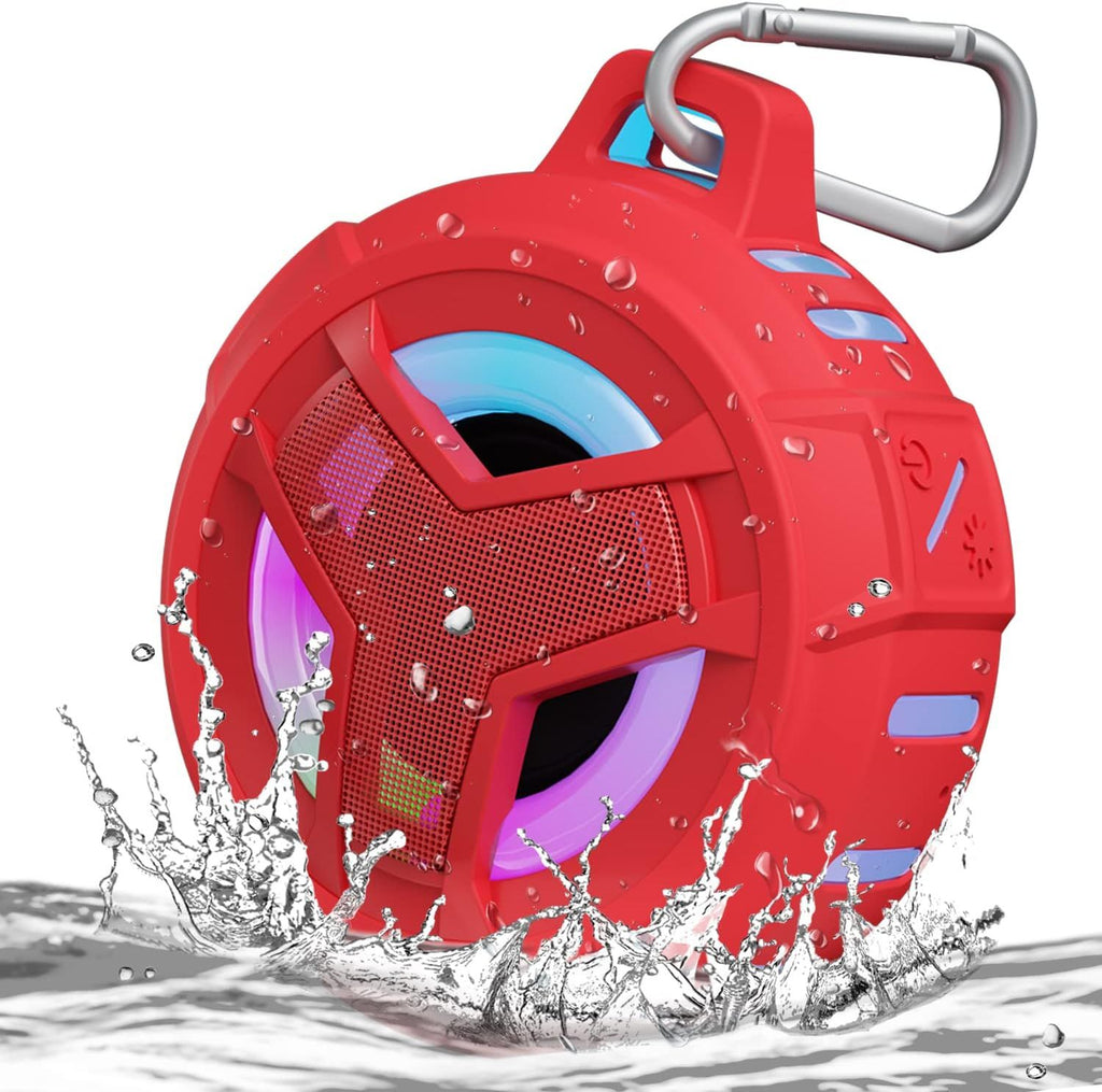 Bluetooth Shower Speaker, Waterproof Portable Speakers IPX7 Floating, True Wireless Stereo BT 5.0 Speaker with Bass, 2000mAh LED Light for Shower, Pool, Beach, Gifts for Women- Red