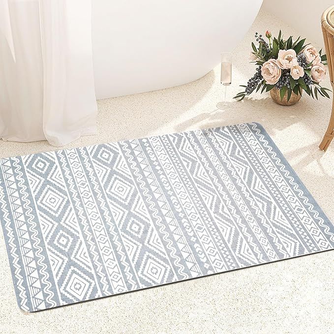 Bohemian Bath Mat Soft Boho Bathroom Mat Non-Slip Quick Dry Bath Rugs Thin Washable Shower Floor Mats with Super Water Absorbent Layer & Rubber Backing, 20"x32", Aqua Blue& White