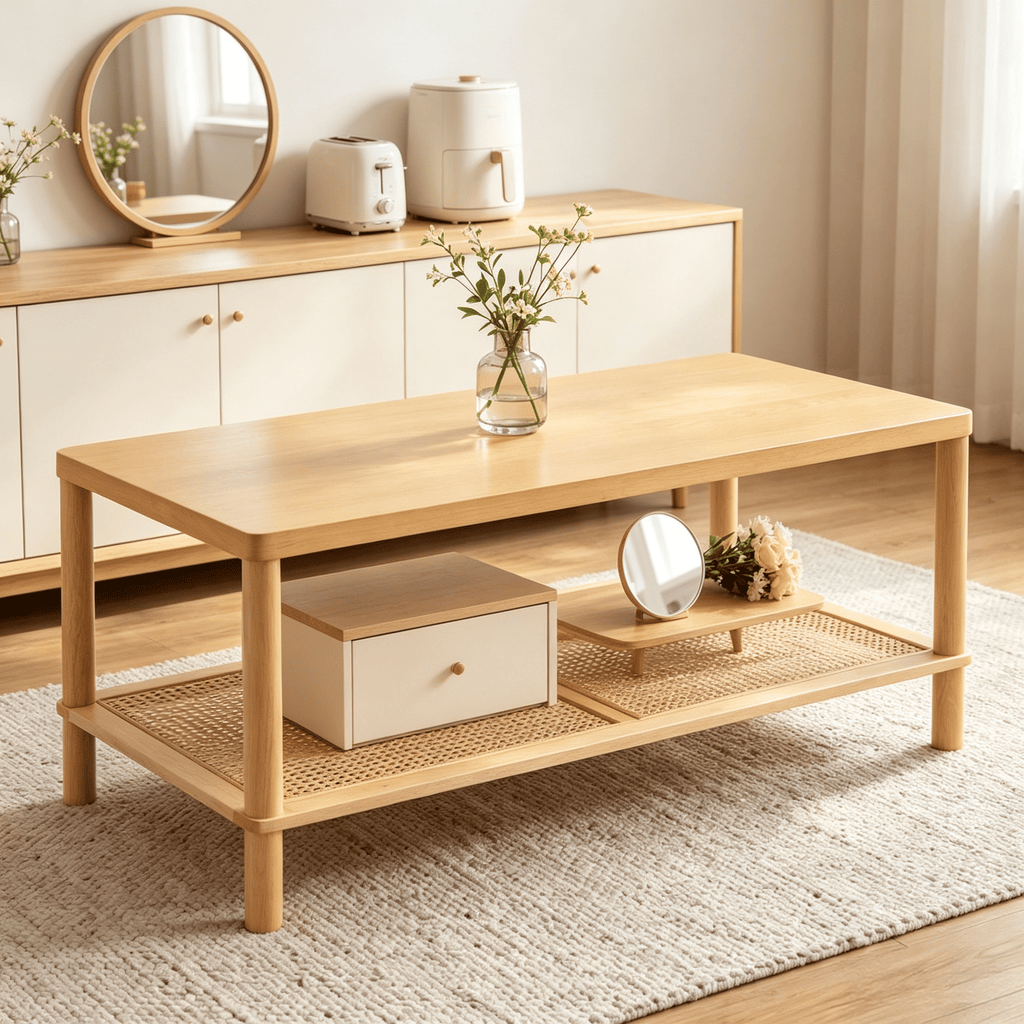 Boho 2-Tier Coffee Table Rectangular Living Room Center Table with Rubber Wood Frame PVC Rattan Storage Shelf