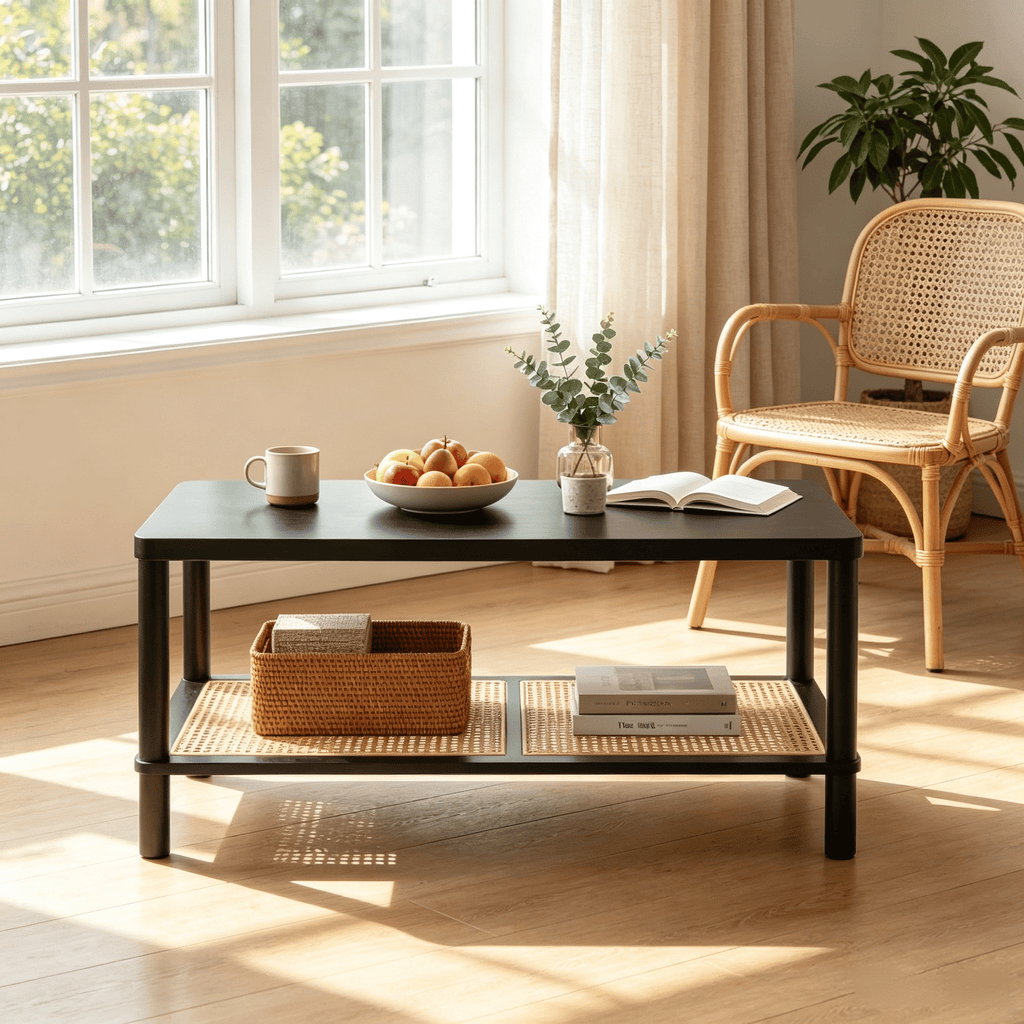Boho 2-Tier Coffee Table Rectangular Living Room Center Table with Rubber Wood Frame PVC Rattan Storage Shelf