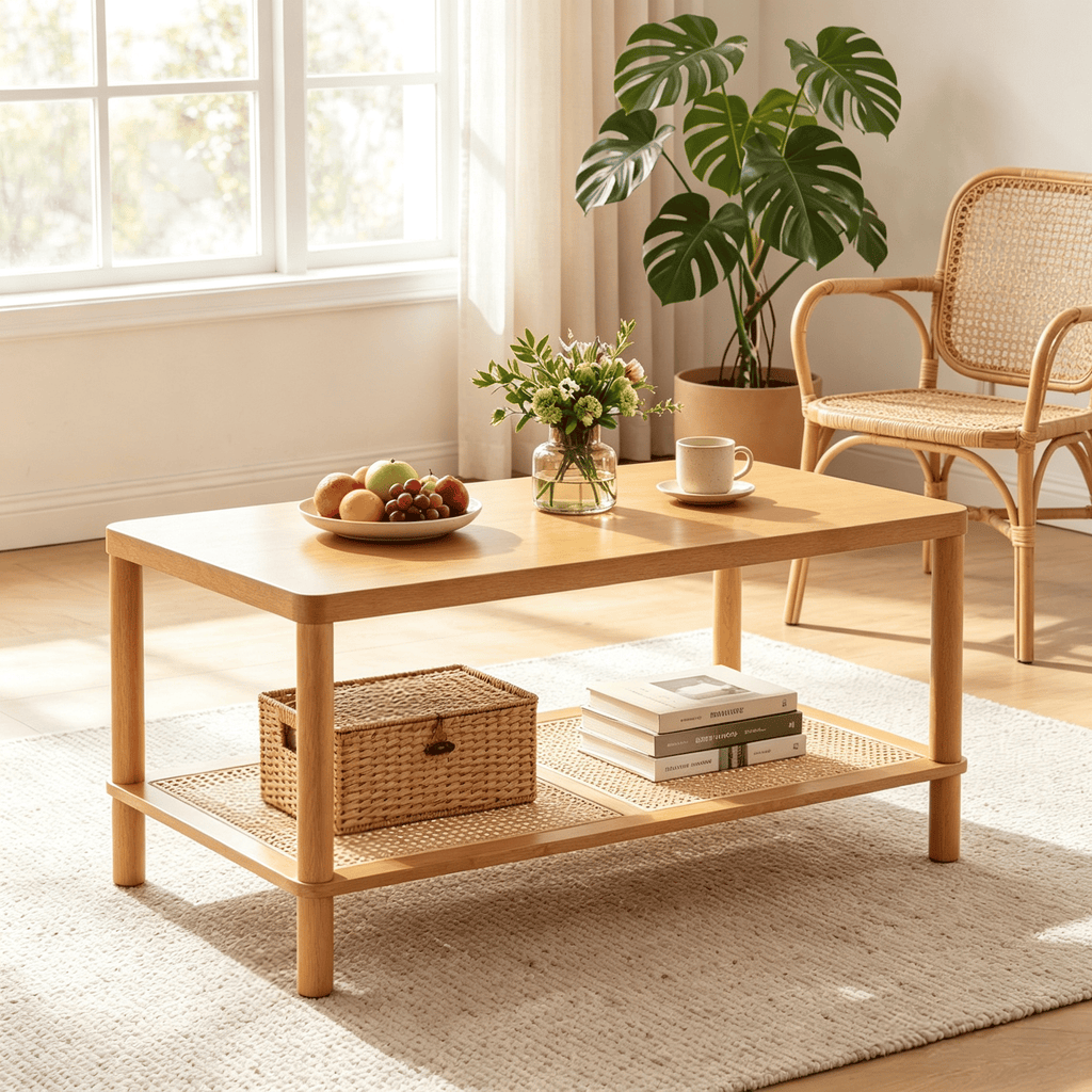 Boho 2-Tier Coffee Table Rectangular Living Room Center Table with Rubber Wood Frame PVC Rattan Storage Shelf
