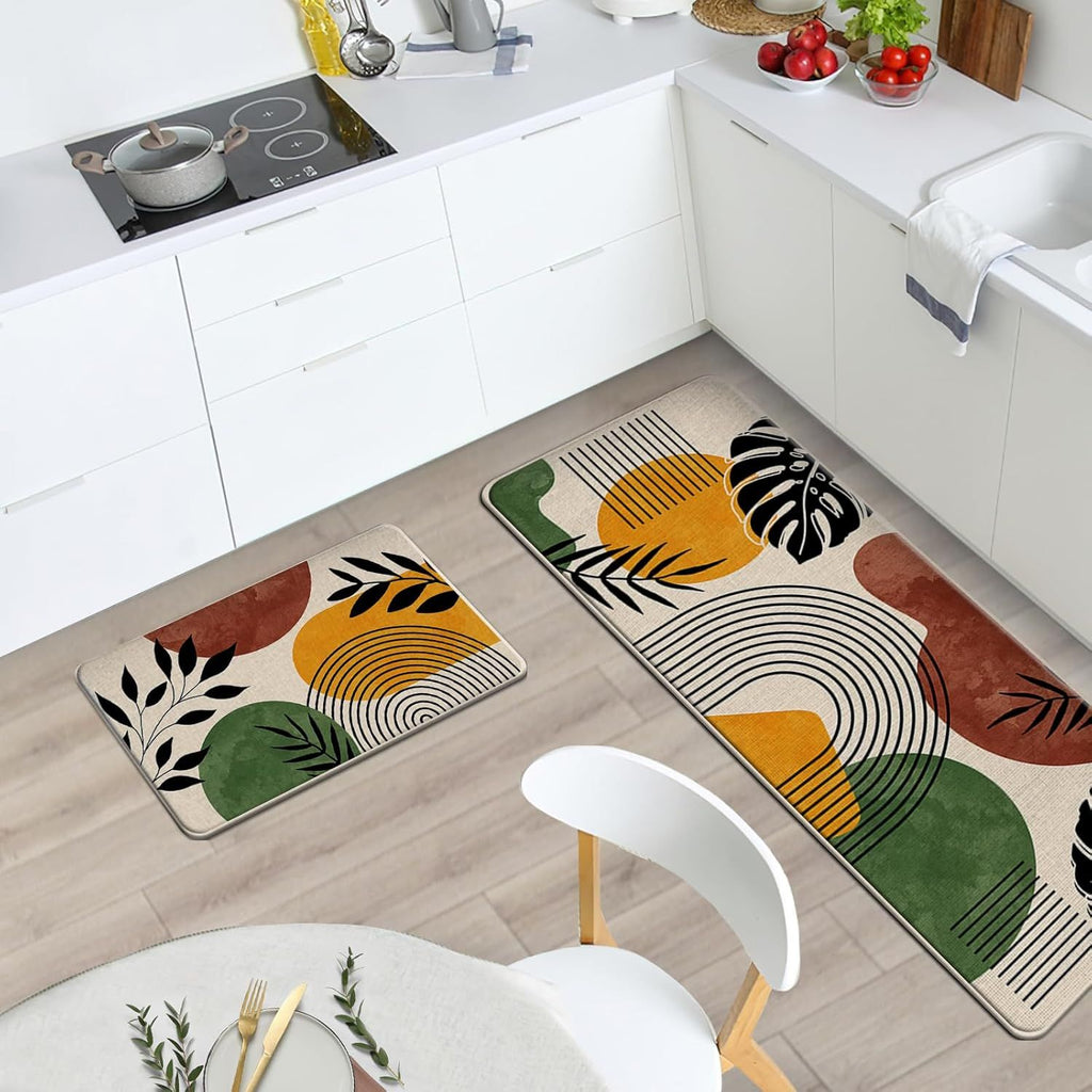 Boho Kitchen Rugs Set of 2, Bohemian Abstract Sun Rainbow Plant Floor Mats Home Decor, Farmhouse Palm Leaves Monstera Door Mat Decorations - 17x29 and 17x47 Inches