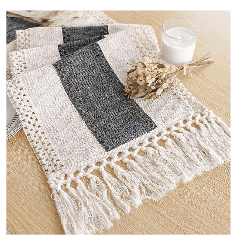 Boho Table Runner for Christmas Home Decor with Tassels 72 Inches Long Farmhouse Grey Rustic Table Runner Macrame Burlap Table Decoration for Living Room Bridal Shower(12x72 Inches)