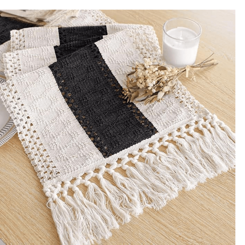 Boho Table Runner for Christmas Home Decor with Tassels 72 Inches Long Farmhouse Rustic Black Halloween Table Runner Macrame Burlap Table Decoration for Living Room Bridal Shower(12x72 Inches)
