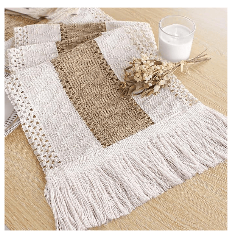Boho Table Runner for Fall Home Decor with Tassels 72 Inches Long Farmhouse Rustic Table Runner Macrame Burlap Table Decoration for Living Room Bridal Shower(12x72 Inches)
