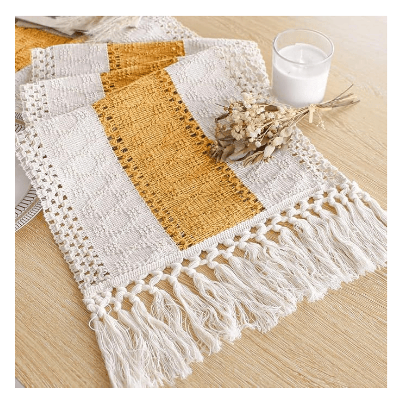 Boho Table Runner for Fall Home Decor with Tassels 72 Inches Long Farmhouse Yellow Rustic Table Runner Macrame Burlap Table Decoration for Living Room Bridal Shower(12x72 Inches)