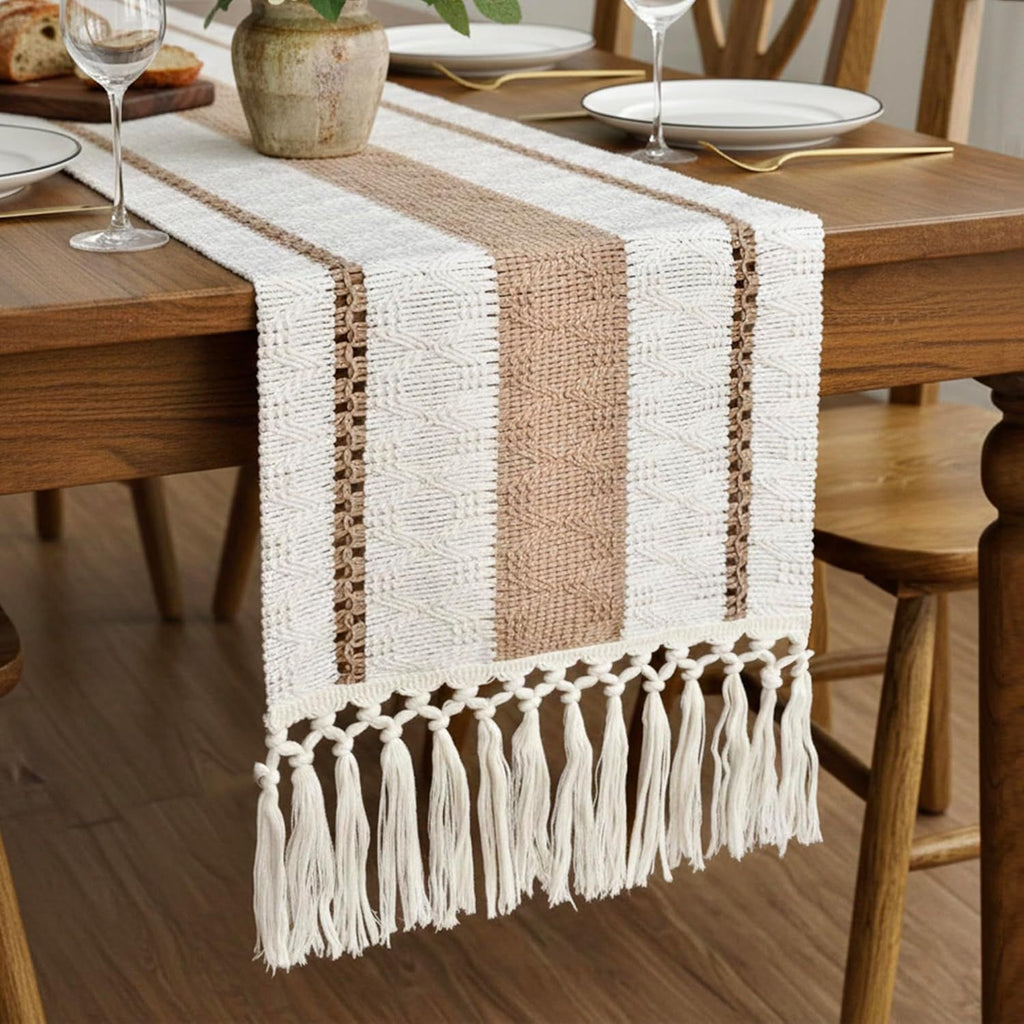 Boho Table Runner for Hoilday Spring Home Decor with Tassels 72 Inches Long Pottery barn Furniture Farmhouse Rustic Macrame Burlap Table Decoration for Living Room (12x72 Inches)