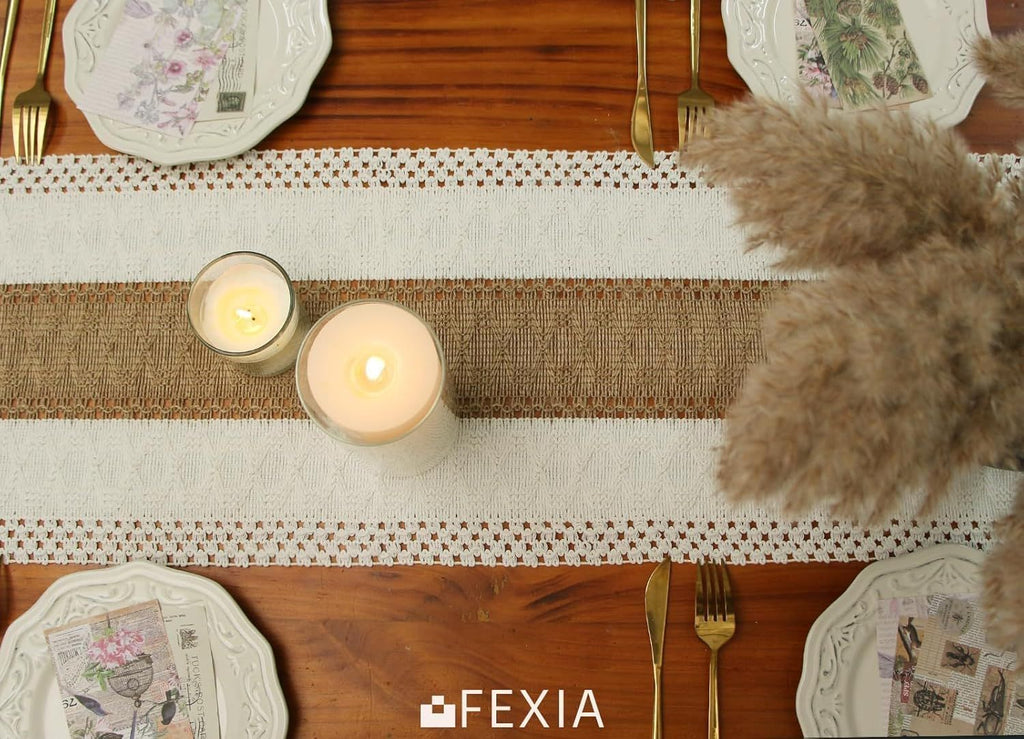 Boho Table Runner for Thanksgiving Fall Christmas Home Decor with Tassels 72 Inches Long Pottery barn Furniture Farmhouse Rustic Macrame Burlap Table Decoration for Living Room (12x72 Inches)