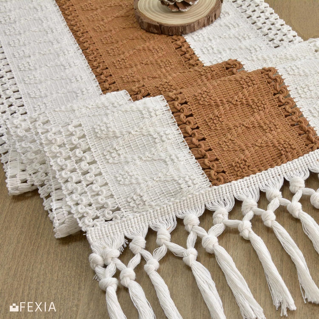 Boho Table Runner with Tassels 12x72 Inches for Home Decor Farmhouse Rustic Macrame Hollow-Out Table Decoration for Living Room and Dining Room, Reddish Brown