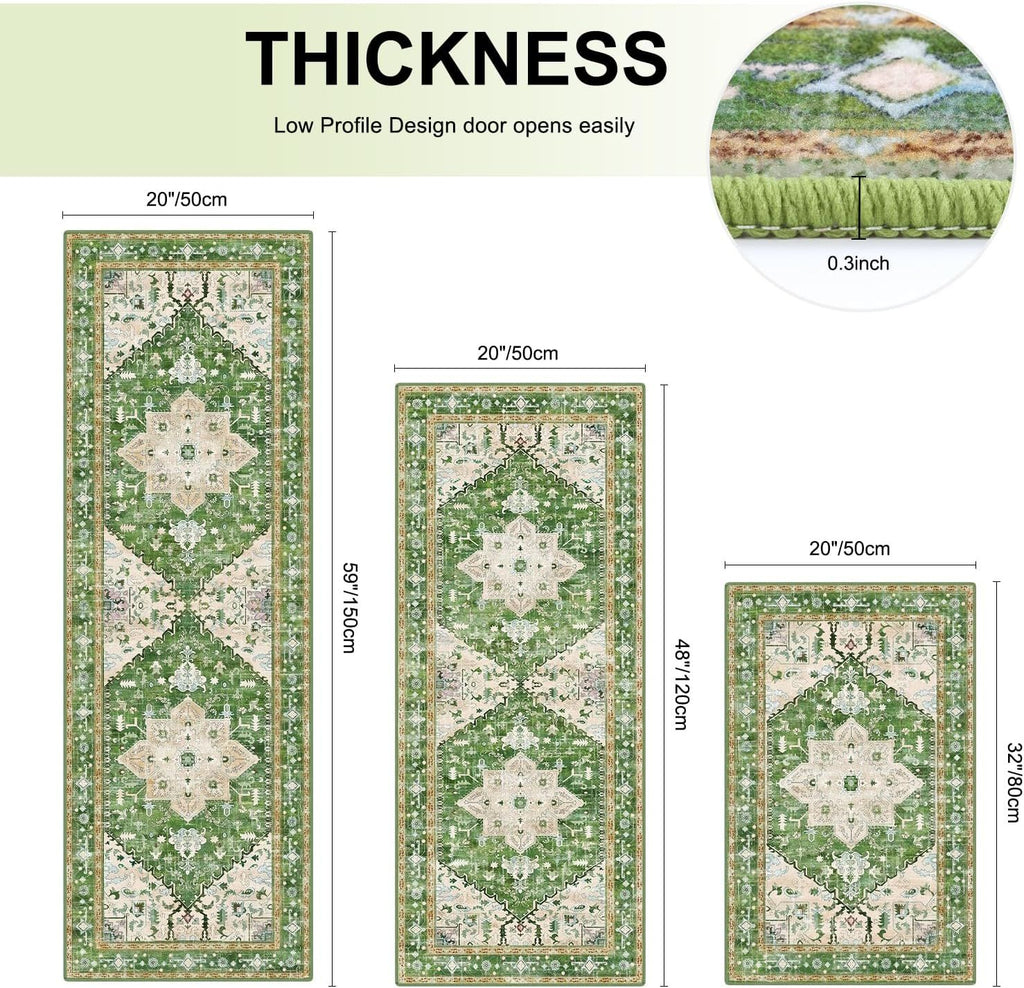 Boho Washable Kitchen Rugs Sets of 3, Non Slip Kitchen Mats for Floor with Rubber Backing, Waterproof & Stain Resistant Thick Carpet Runner Throw Rug for Kitchen, Laundry Room, Hallway, Green
