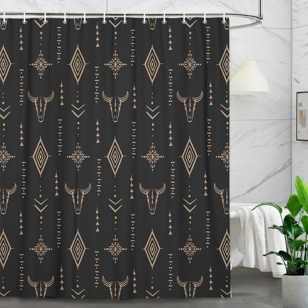 Boho Western Bull Skull Shower Curtain, Beige Southwestern Cow Bohemian Geometric Pattern Bathroom Shower Curtain Set, Native Aztec Longhorn Head Cowboy Bath Curtain with 12PCS Hook 70X70IN