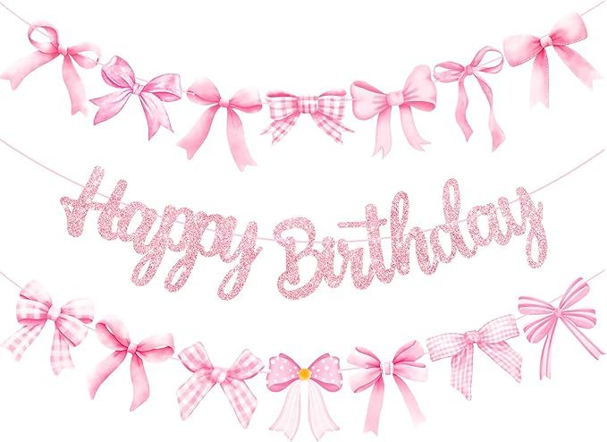 Bow Happy Birthday Banners 3Pcs Bow Coquette Birthday Party Decorations Glitter Pink Coquette Birthday Banners Bow Theme Party Supplies for Girl Princess Baby Shower Supplies