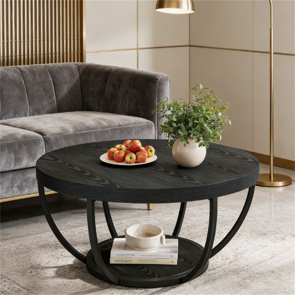 Bowl shaped coffee table, double-layer storage rack, round wooden cocktail table, tea table, and coffee table
