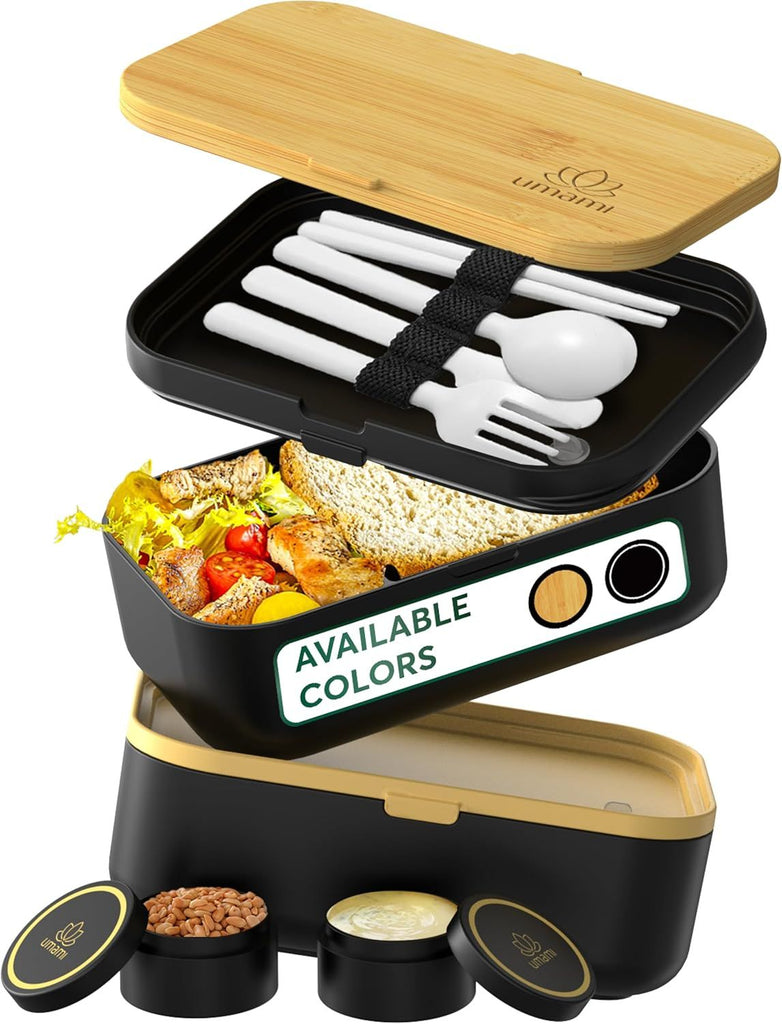 Box Adult All-In-1 w/4 Utensils, 2 Sauce Jars 2 Dividers, Bamboo Lid, 100% Leakproof, Microwave & Dishwasher Safe Stackable Bento Lunch Box Containers for Men/Women, Black Beige, 68 oz