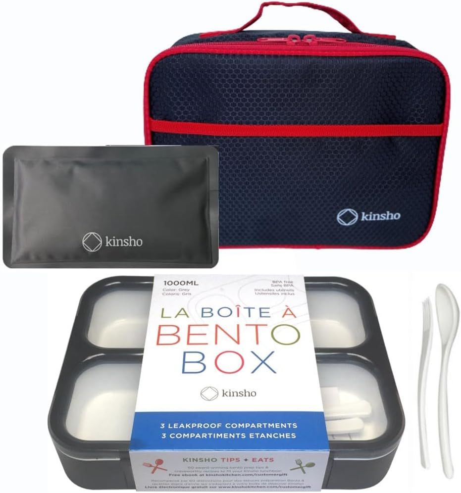 Box with Insulated Lunch Bag and Ice Pack for Kids Container for Adults Snacks and Lunches. 3 Compartments, Leak-Resistant Portion Boxes Japanese Style for School or Work, Black with Red Trim