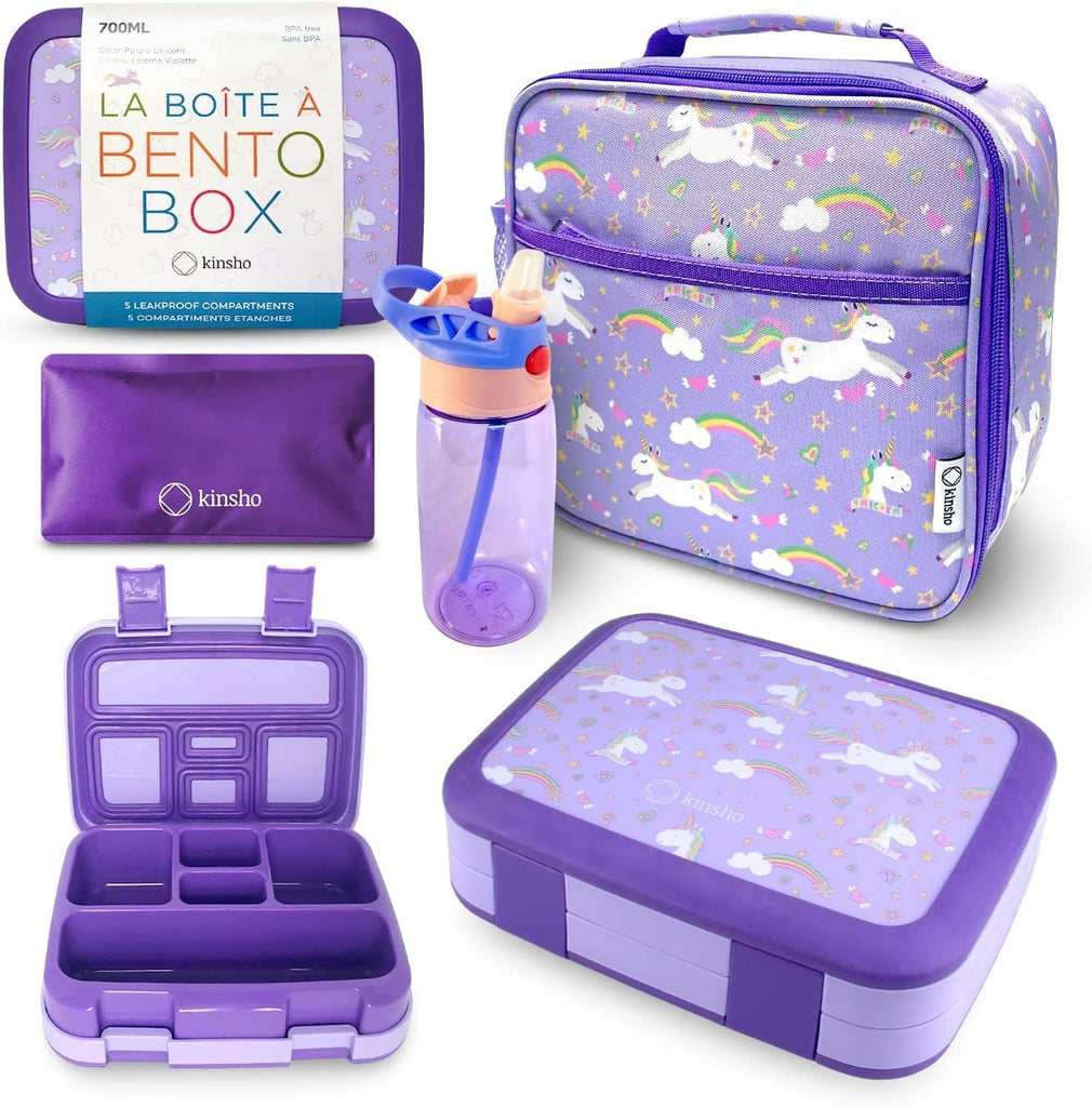 Box with Insulated Lunch Bag, Ice Pack & Water Bottle Set for Kids - 5 Compartments, Lunches or Snack Container Girls, Toddlers Daycare Pre-School, Kindergarten Purple Unicorn