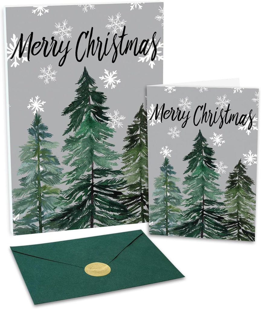 Boxed Christmas Greeting Cards 5" x 7" Watercolor Xmas Tree & Snowflake (24 with Envelopes & Stickers) | Bulk Holiday Cards for Winter Gifting Green Grey GH003