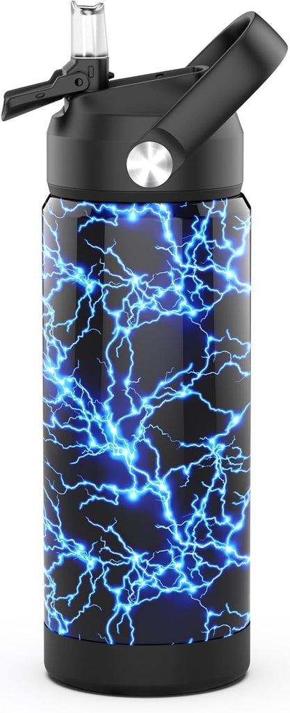 Boys Water Bottle with Straw 18oz Kids Insulated Cups with Stainless Steel Leak Proof for School Sport & Travel Lightning