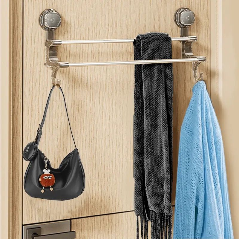 Brand-new suction cup double-bar towel rack, bathroom hanging towel rack, non-perforated storage rack, towel hanging bar, Metal hanging rods are suitable for home and bathroom decoration