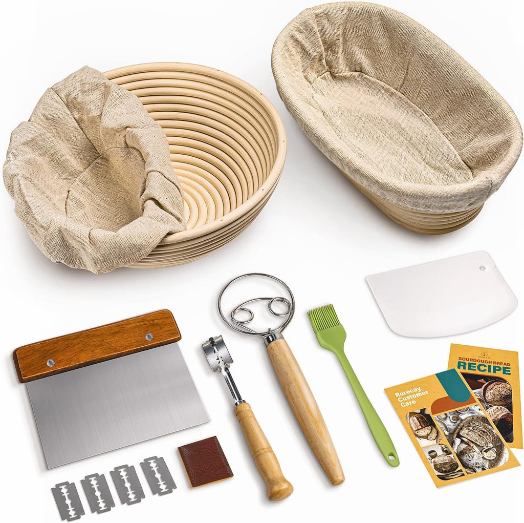 Bread Banneton Proofing Basket Set, 9 Inch Round & 10 Inch Oval Cane Sourdough Baskets with Dough Whisk Lame Dough Scraper Bowl Scraper Silicone Brush Sourdough Bread Baking Supplies