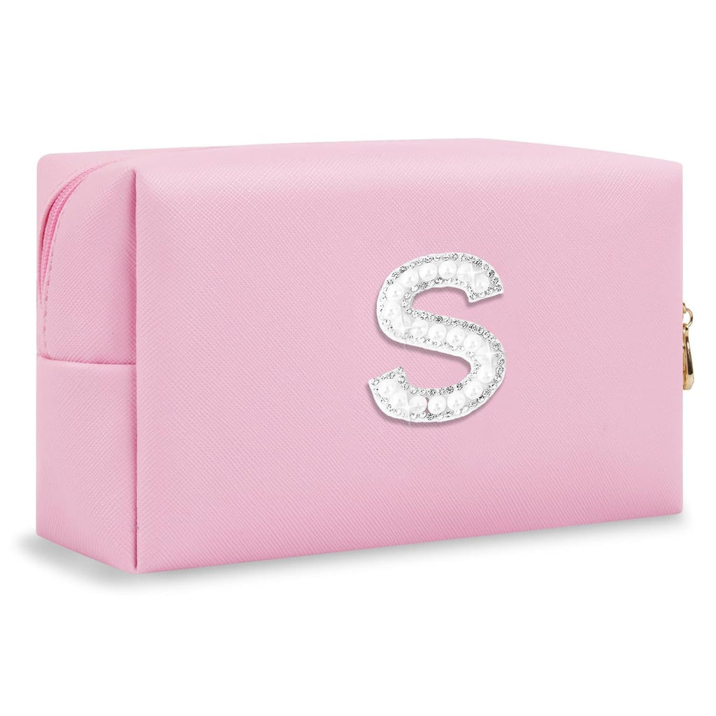 Bride Gifts – Personalized Initial Makeup Bag with Pearl Rhinestone Patch, Preppy Pink Monogram Cosmetic/Toiletry Pouch, bridesmaid Gifts, Bridal Shower Gifts, Wedding Gifts, Bridal Gifts,S