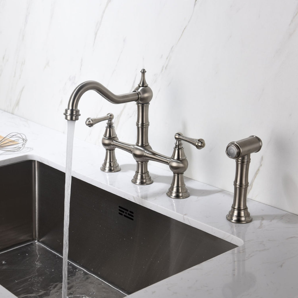 Bridge Dual Handles Kitchen Faucet With Pull-Out Side Spray in,Kitchen Faucet with Side Sprayer
