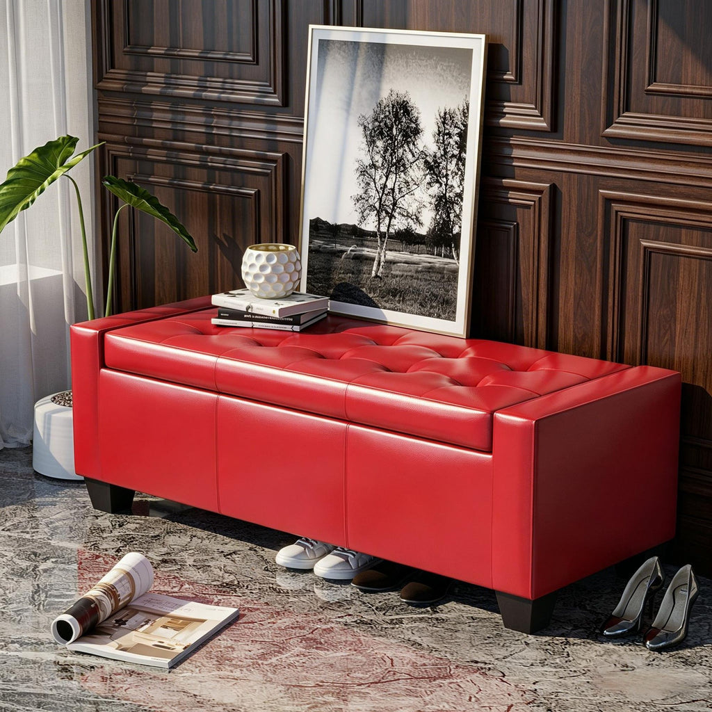 Bright Red 50.5" Faux Leather Rectangular Storage  for Home Decor And Organization