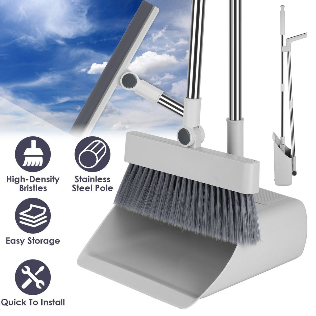Broom And Dustpan Combo Set With Squeegee Stainless Steel Handle 4 In 1 Upright Standing Broom And Dust Pan For Indoor Outdoor Garage Kitchen Room Office Sweeping GPCT5254