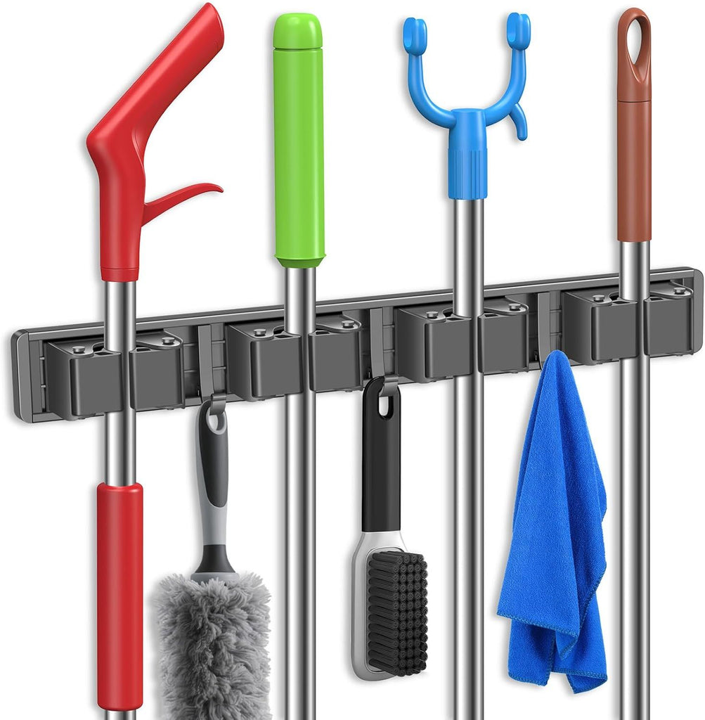 Broom Holder Wall Mount, Mop and Broom Hanger Wall Mount for Organizing and Storing Items in Household Kitchens, Gardens, Laundries (4 Racks & 3 Hooks, Grey)