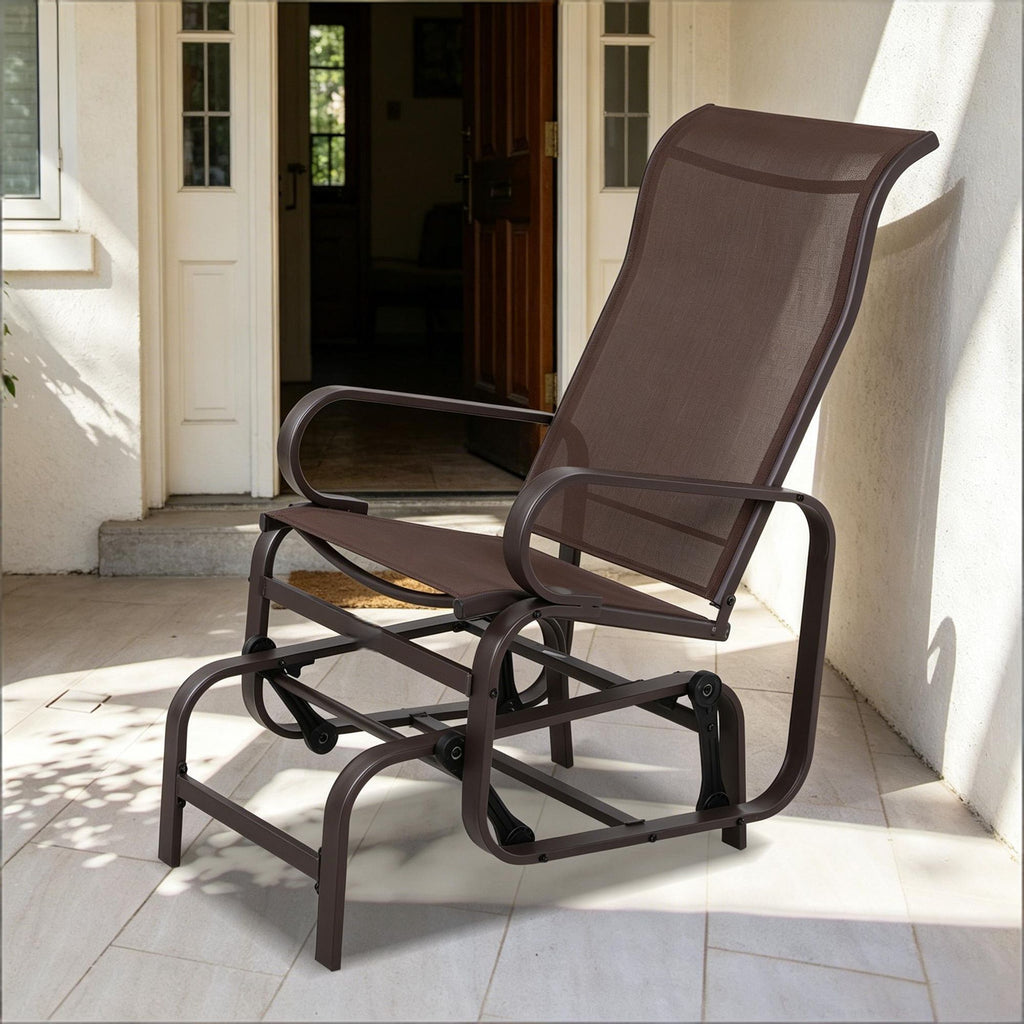 Brown 1-Person Outdoor Glider Swing Single Rocker with Ergonomic Head Support Lightweight Metal Mesh Construction Supports up to 352 Lbs for Backyard Garden Porch