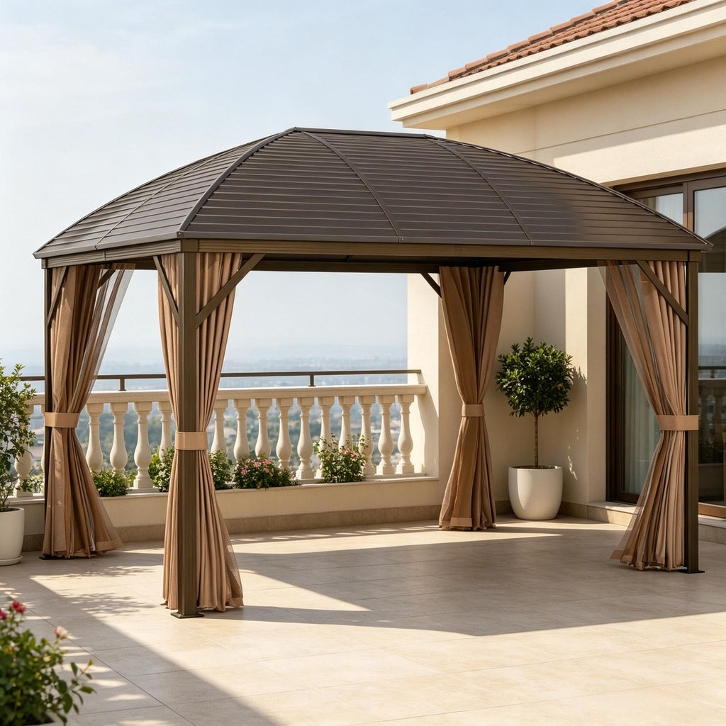 Brown 10' X 13' Hardtop Gazebo Pavilion with Curtains And Netting Steel Roof Ceiling Hook for Garden Patio