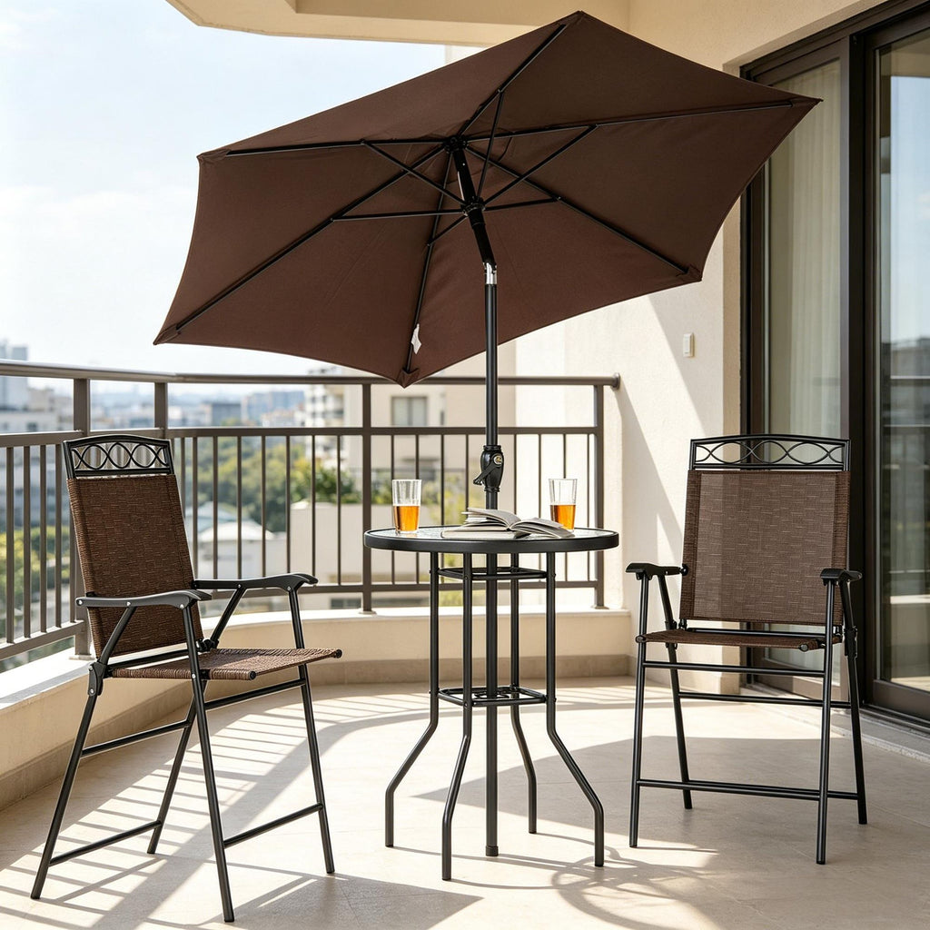Brown 4 Piece Outdoor Bar Set with Umbrella Wave Textured Tempered Glass Table Patio Dining Set with 2 Folding Chairs for Backyard Garden Deck Poolside