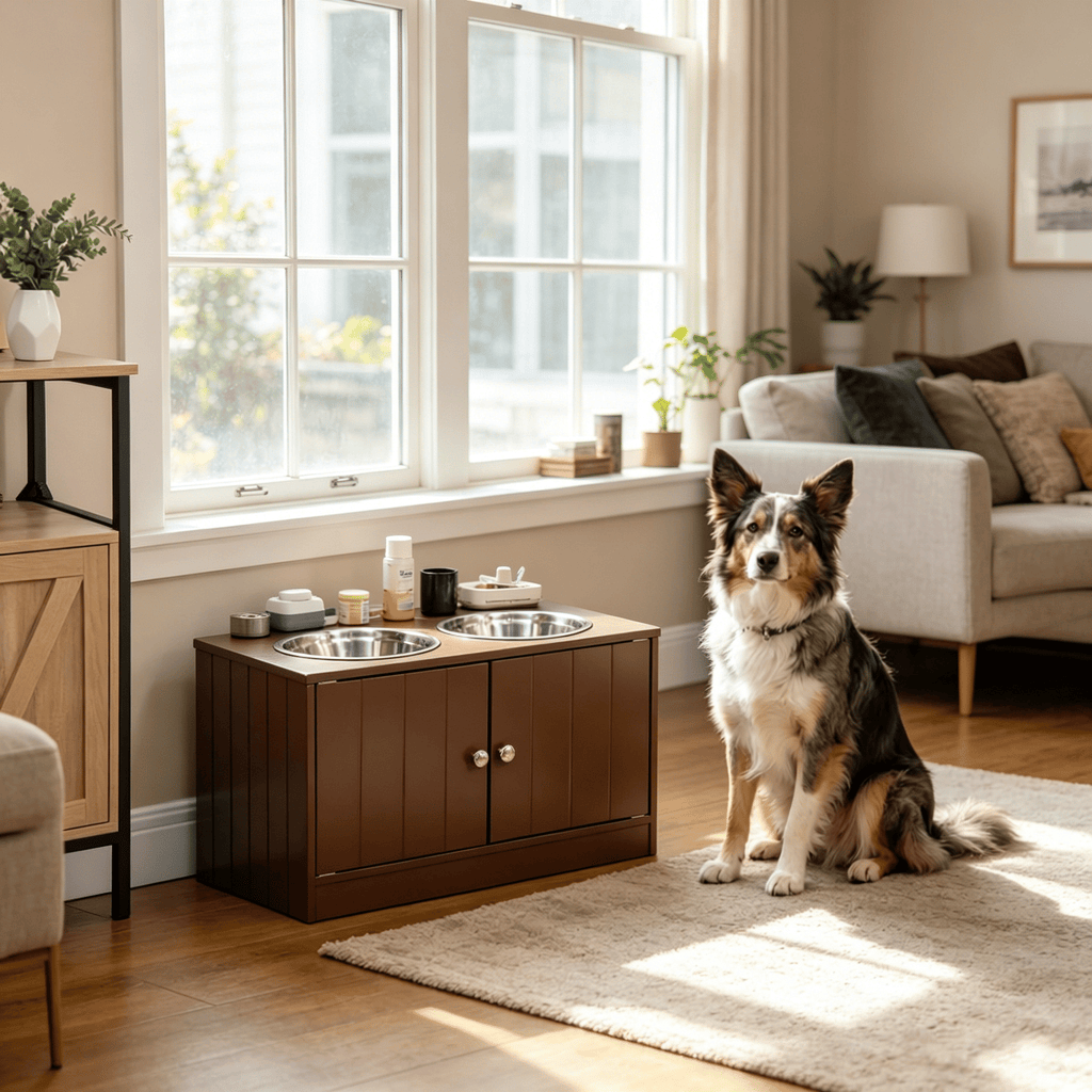 Brown Elevated Dog Bowls with Storage Cabinet Raised Dog Bowl Stand Pet Food Feeding Station for Dogs