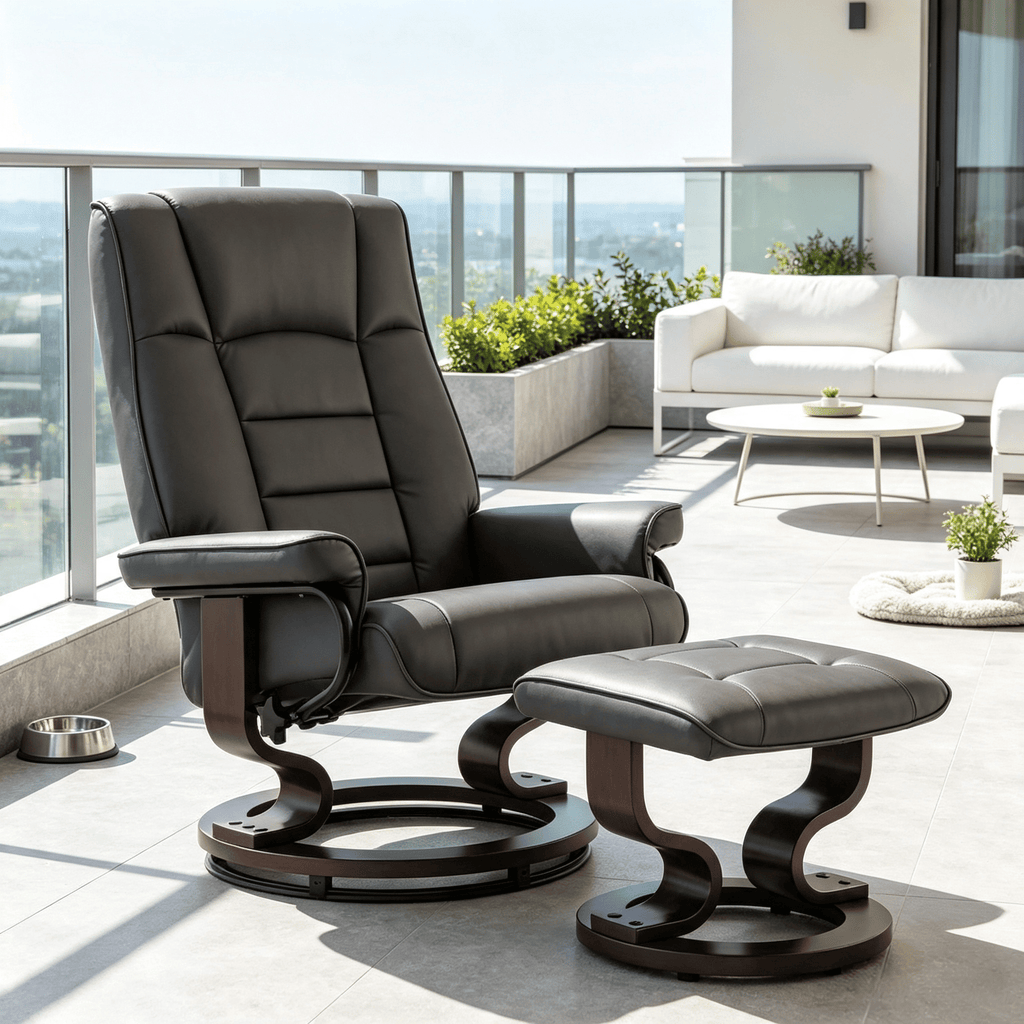 Brown Faux Leather Reclining Chair with Ottoman Manual Recliner Tufted Back Wood Frame Living Room Furniture