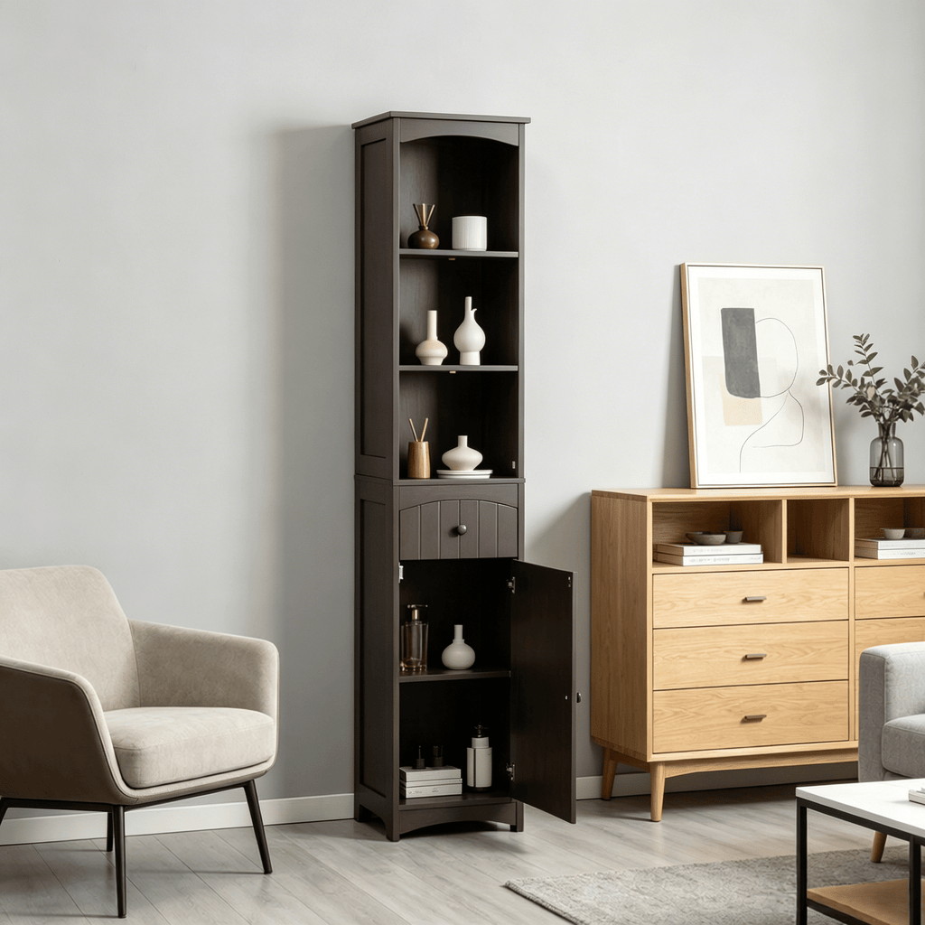 Brown Free Standing Bathroom Storage Cabinet Tall Linen Tower with 3-Tier Shelves And Drawer for Organizing Bath Accessories