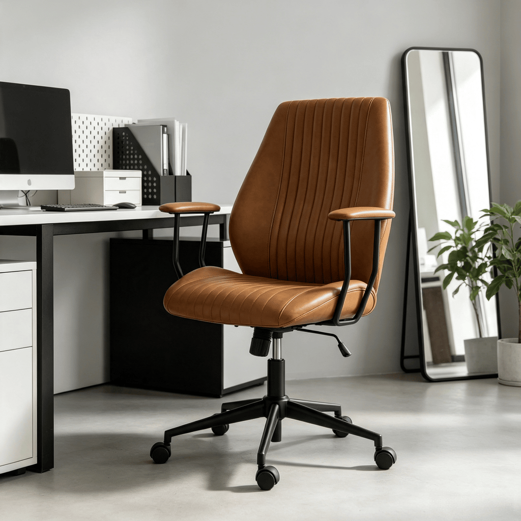 Brown Leather Home Office Desk Chair Vintage Computer Chair with Padded Arms 360° Swivel Adjustable Height Tilt Function