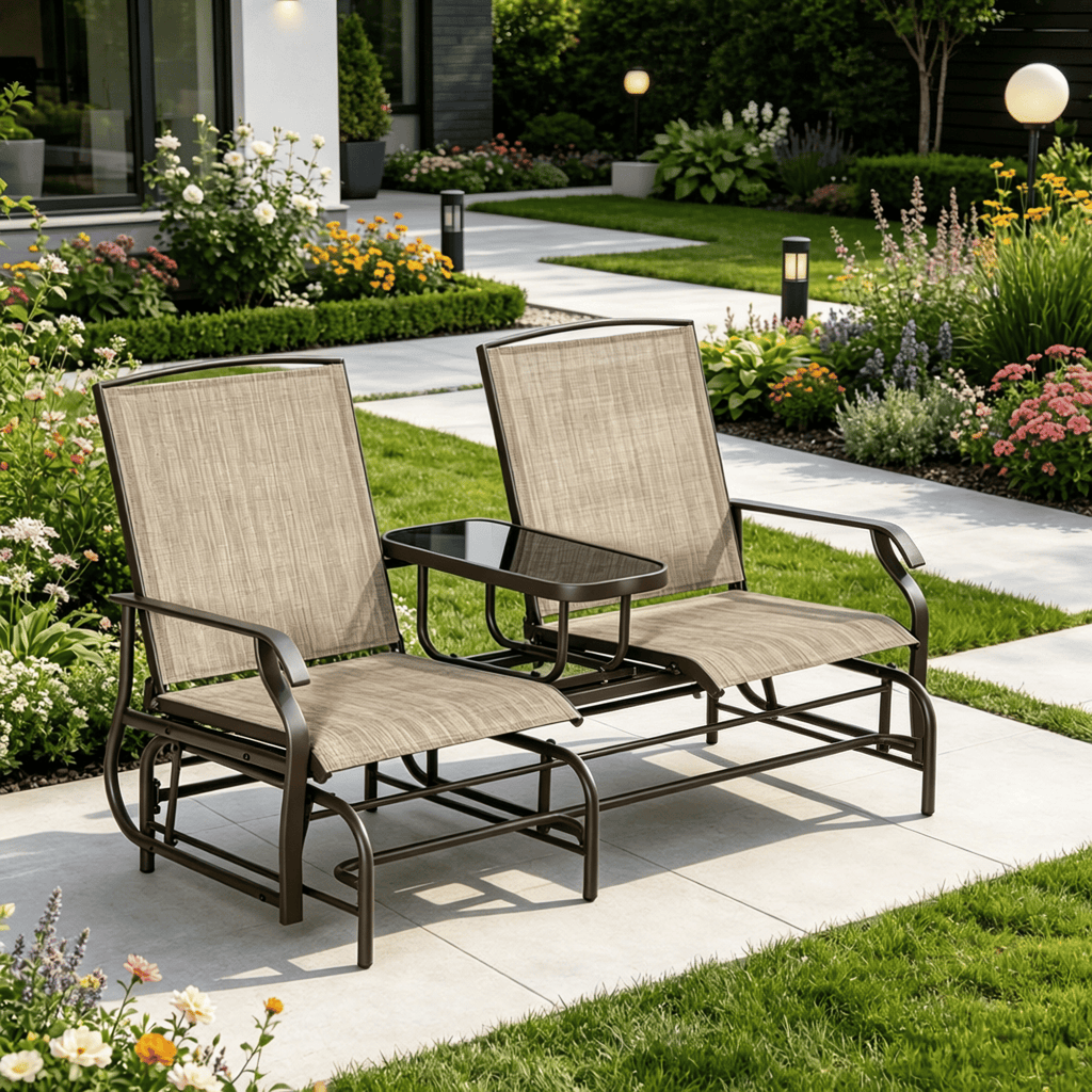 Brown Metal Frame Outdoor Glider Bench with Center Table Breathable Mesh Fabric Patio Loveseat for Backyard Garden Porch with Armrests