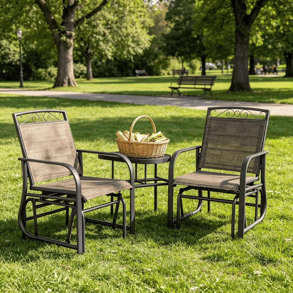 Brown Outdoor Patio Glider Chairs Set with Coffee Table 2-Seat Rocking Chair Swing And Breathable Sling for Backyard Garden Porch