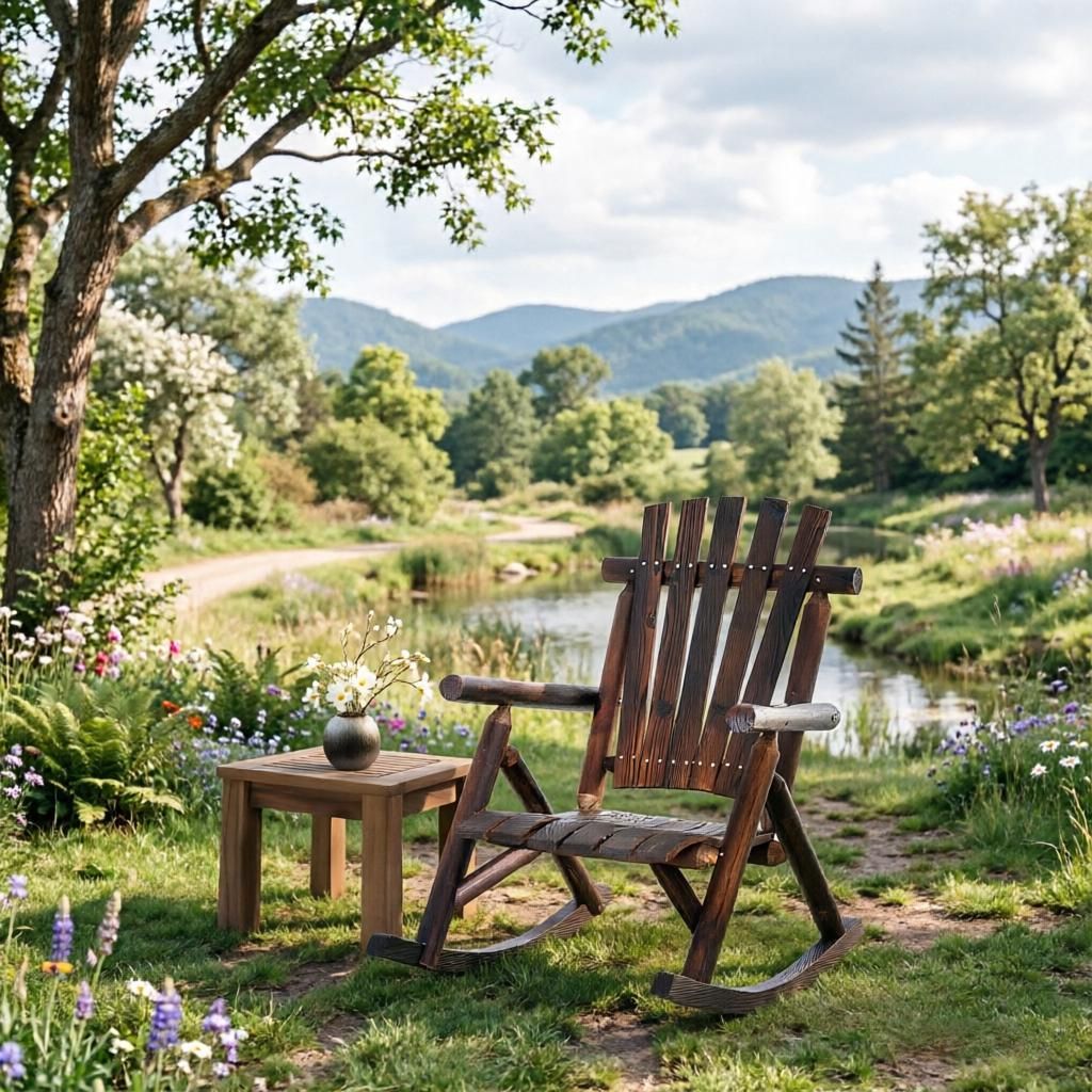 Brown Outdoor Wooden Rocking Chair Single-Person Rustic  Rocker with Slatted Seat High Backrest And Armrests for Patio Garden And Porch