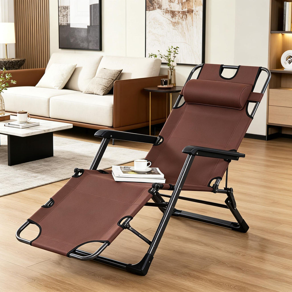 Brown Oxford Fabric Metal Frame Outdoor Pool Sun Lounger 120°/180° Adjustable Lounge Chair for Garden