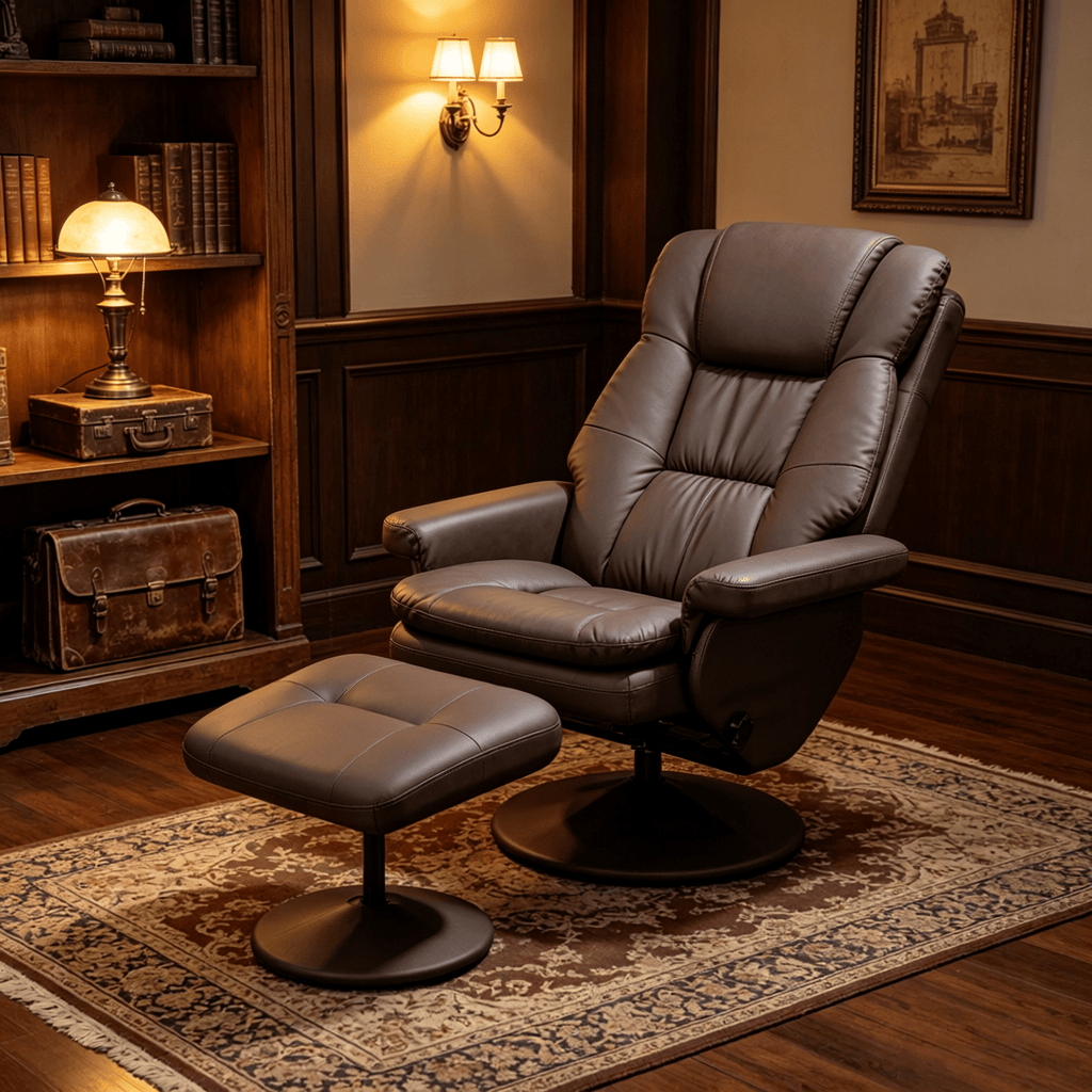 Brown PU Leather Recliner Chair with Ottoman Swivel Function round Wrapped Base Comfortable Living Room Chair