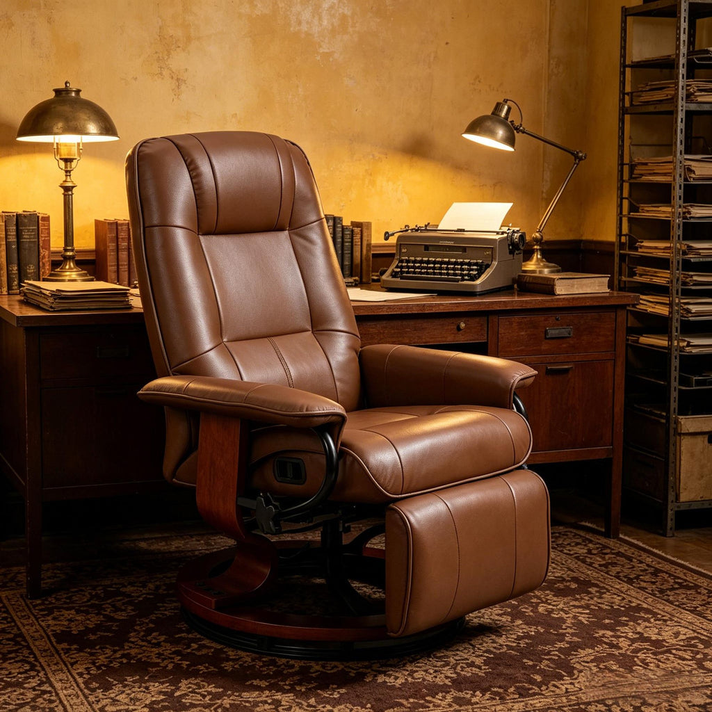 Brown Swivel Recliner Chair PU Leather Reclining Armchair Retractable Footrest Wood Base Adjustable High Back for Small Spaces Living Room RV Bedroom
