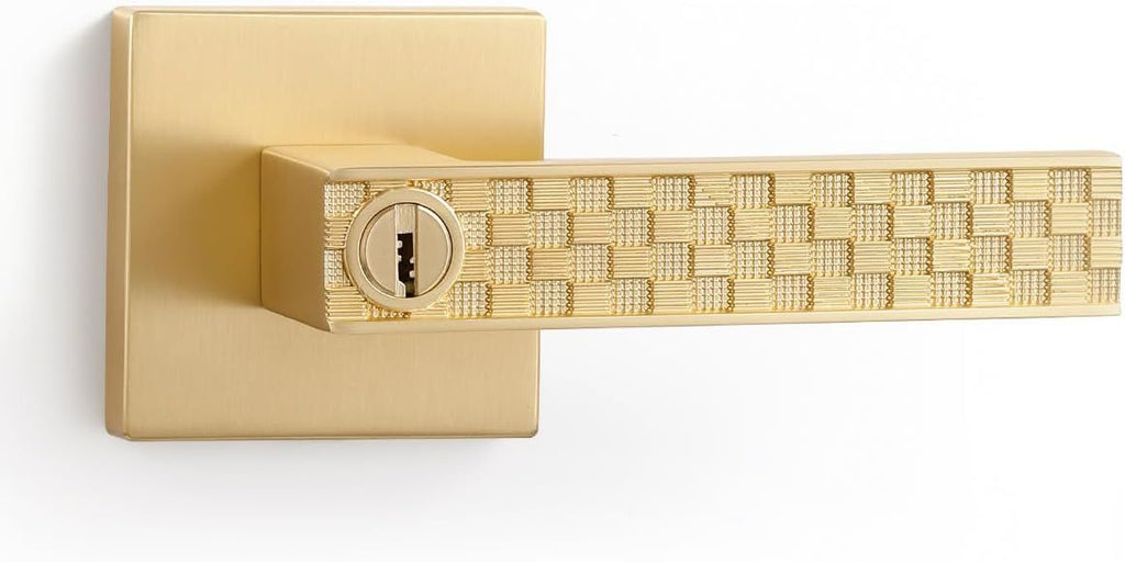 Brushed Gold Keyed Entry Door Handle with Lock and Key, Front Entrance Exterior Gold Door Lever, Interior Bedroom Door Lock, Zinc Alloy Door Handle, 1 Pack
