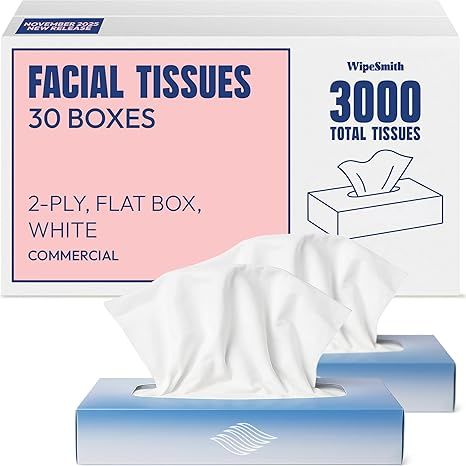 Bulk Tissues, 30 Flat Boxes, Facial Tissues Total Soft, White, for Office, Business & Home, Commercial Flat Box Tissues, Hypoallergenic, Unscented,