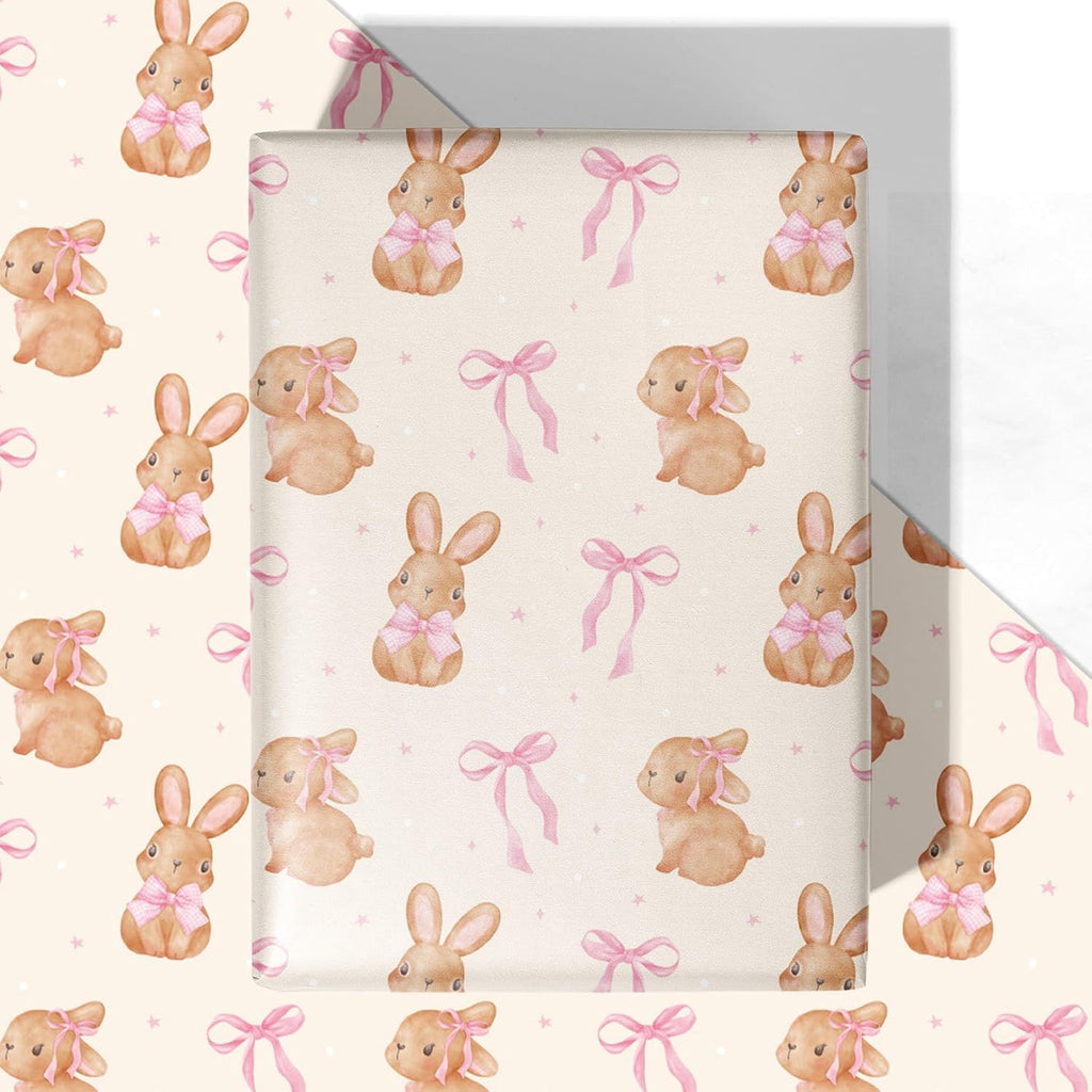 Bunny Wrapping Paper - 4 Jumbo Sheets, 28 * 40 Inches - Pink Bow Gift Wrap, Perfect for Christmas Birthday Baby Shower Easter Wedding Spring